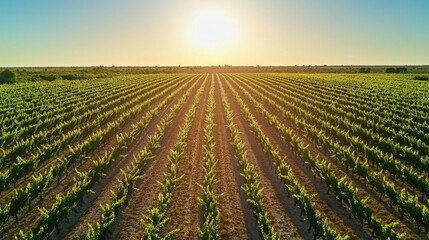 Aerial panorama of a sprawling vineyard with rows of grapevines stretching into the distance under a bright sun.