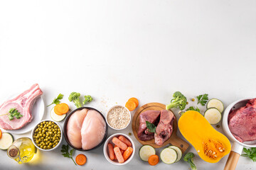 BARF food ingredients, healthy balanced diet for animal background. Biologically Appropriate Raw Food assortment for making barf trendy pet bowl