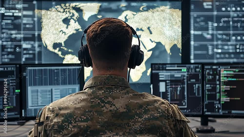 Poster soldier monitoring global operations at military command center generative ai