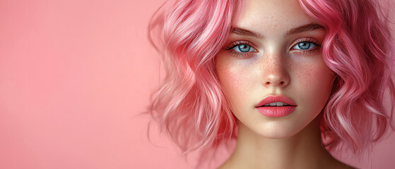 Fototapeta premium Chic woman with vibrant pink hair, posing against a pink background