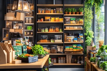 Modern Grocery Store Interior with Shelving and Produce.
