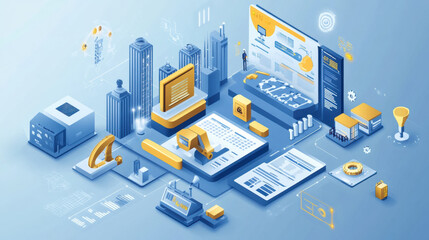 Obraz premium Digital dashboards providing real time visibility into data analytics and urban infrastructure. This illustration showcases modern cityscape with various technological elements