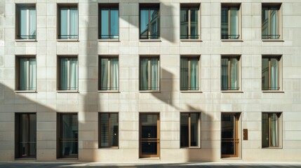 Obraz premium Modern Parisian building, minimalist facade, complete wall with windows and doors, warm sunlight, peaceful urban environment, no people around.