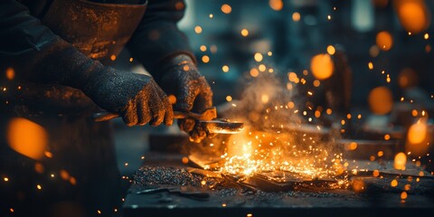 Blacksmith at Work, creating intricate designs, surrounded by materials, illuminated by soft, ambient light, showcasing artistry and craftsmanship