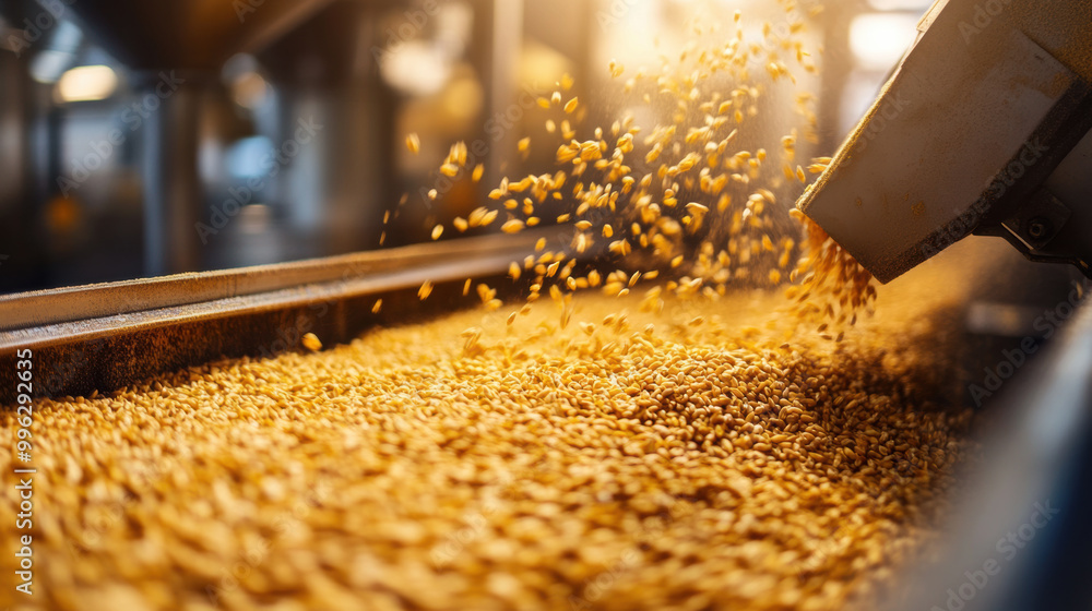 Poster grains are being processed in industrial setting, showcasing dynamic flow of golden grains as they m