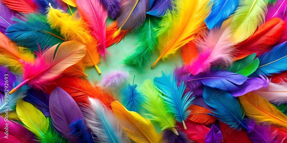 Poster colorful feathers background multi colored feathers bright colorful feathers generative ai