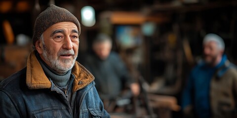 Blacksmith Workshop Insights, a blacksmith shares techniques with eager learners, warm light illuminating the engaged audience around him