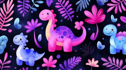Happy dinosaurs in a magical jungle with neon-colored leaves and flowers, celebrating prehistoric fun.
