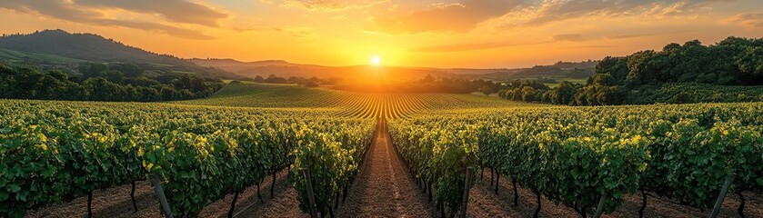 Naklejka premium Expansive vineyard under a bright sky, rows of green vines stretch out into the distance at sunset