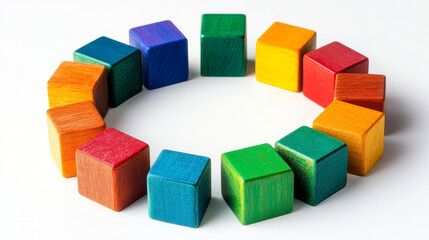 Obraz premium A concept image depicting the gathering and centralization of data and people. Colorful wooden blocks arranged in a circle symbolize the unity of diverse elements, emphasizing collaboration and connec
