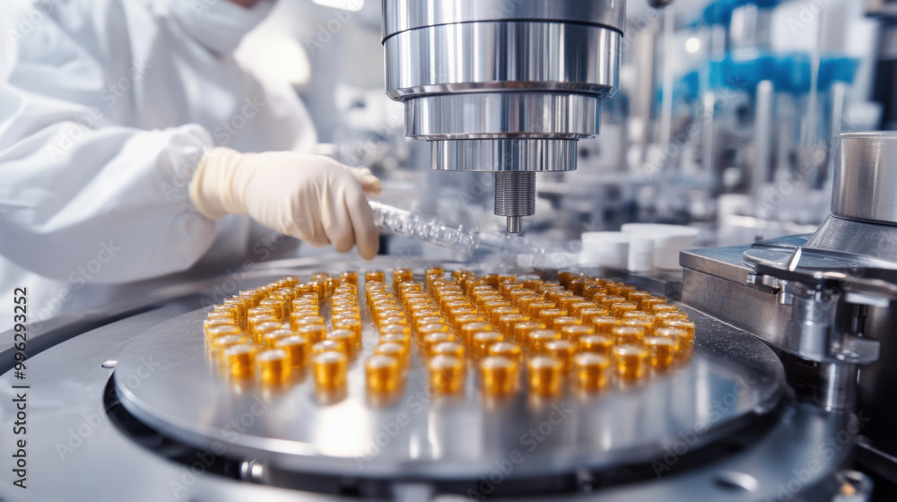 Aufkleber image showcases advanced manufacturing methods in laboratory setting, focusing on precision of capsu