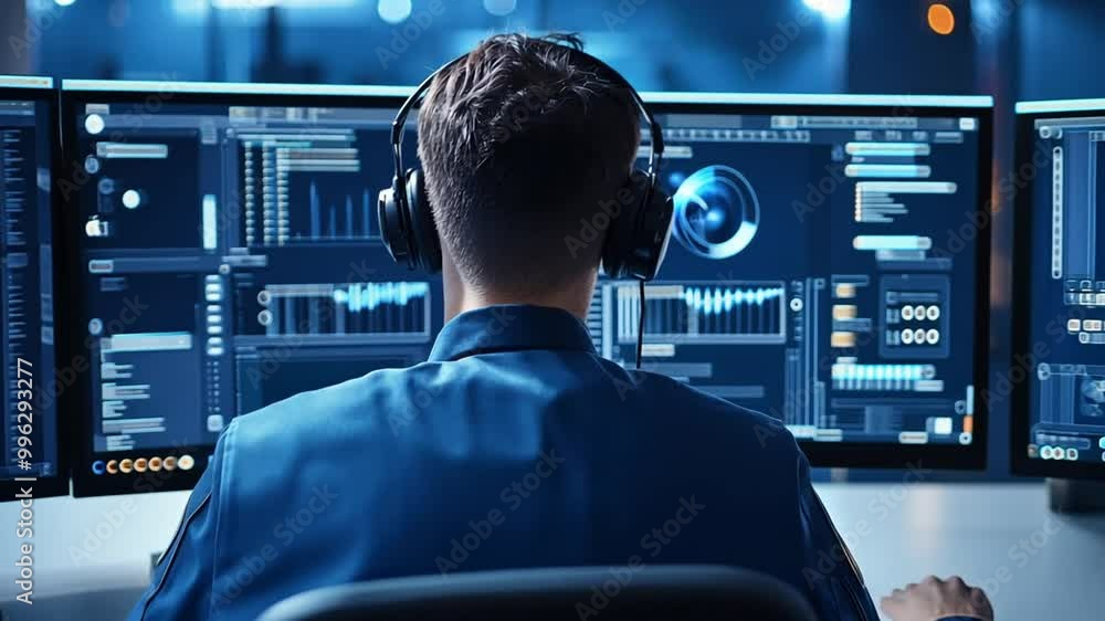 Poster person analyzing data with multiple monitors in a dimly lit room generative ai
