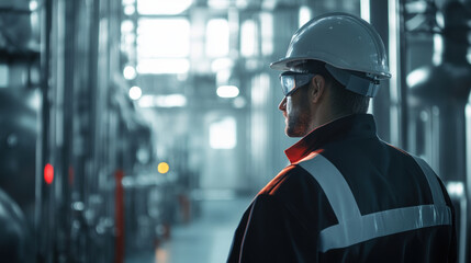 worker in safety helmet and goggles observes modern industrial facility, emphasizing safety and professionalism in high tech environment