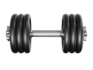 Black adjustable dumbbell, weightlifting gym equipment, side view. Png clipart isolated on transparent background	