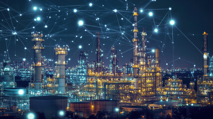 image showcases industrial landscape at night, illuminated by numerous lights and connected by network of digital nodes, symbolizing integration of IoT devices in optimizing operations
