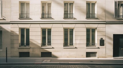 Fototapeta premium Modern Parisian building, minimalist facade, facing a wall with windows and doors, sunny afternoon light, peaceful urban scene, no people around.