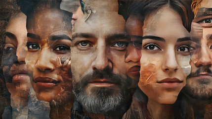A powerful concept of a human face composed of diverse portraits of men and women from different age groups and races. This combination symbolizes humanity, emphasizing themes of social equality, huma