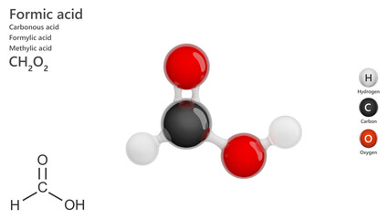Chemical structure Formic acid. Chemical formula CH2O2. It is commonly used as a preservative and antibacterial agent in livestock feed. White background. 3d illustration
