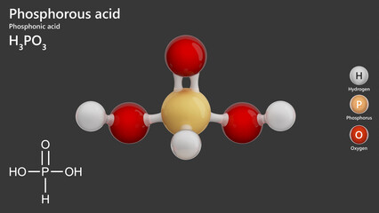 Model of the phosphorous acid molecule H3PO3. It is an intermediate in the preparation of other phosphorus compounds. Contact may severely irritate skin, eyes and mucous membranes. 3d illustration