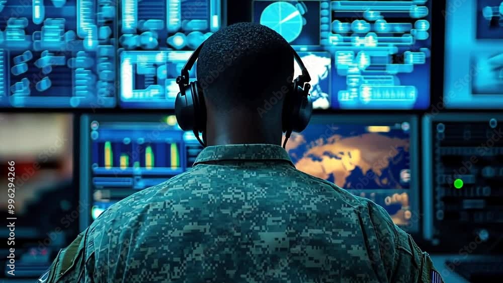 Poster military personnel monitoring data in a control room at dusk generative ai