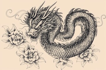 A Detailed Line Drawing of a Chinese Dragon with Flowers