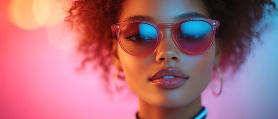 Obraz premium Stylish model in bold sunglasses and a striped outfit, glowing with confidence