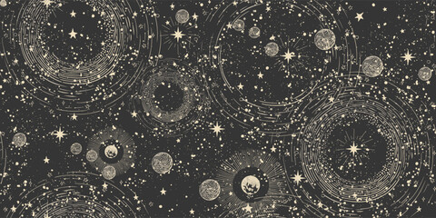Seamless cosmic boho pattern with stars on black background for tarot, astrology. Mystical sky with orbits, abstract ornament for astrology. Vector illustration.
