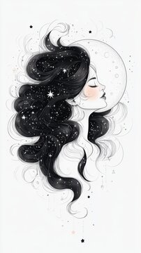 recommend clip art: Line art drawing of the moon goddess, simple design, white background, flat vector graphic logo, minimalist style, simple line drawings
