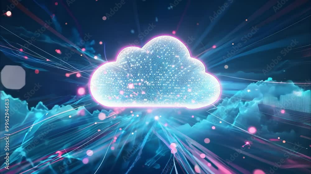 Poster a digital cloud surrounded by glowing particles and rays of light, symbolizing technology and connec