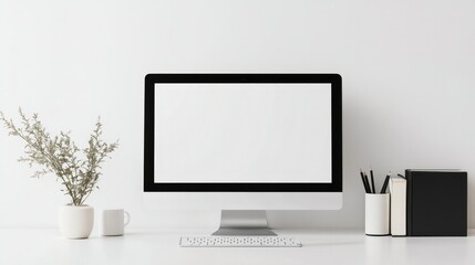 Fototapeta premium A minimalist setup featuring a white desktop computer with a blank screen against a white backdrop, highlighting a clean and tech-focused design.