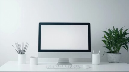 Fototapeta premium A minimalist setup featuring a white desktop computer with a blank screen against a white backdrop, highlighting a clean and tech-focused design.