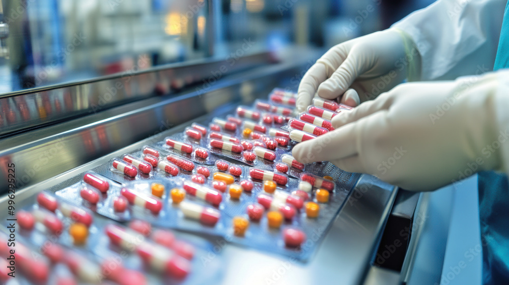 Poster pharmaceutical technicians carefully monitor dosage accuracy while handling various capsules in labo