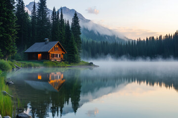 Fototapeta premium Tranquil Retreat: Mountain Cabin by the Lake at Sunrise
