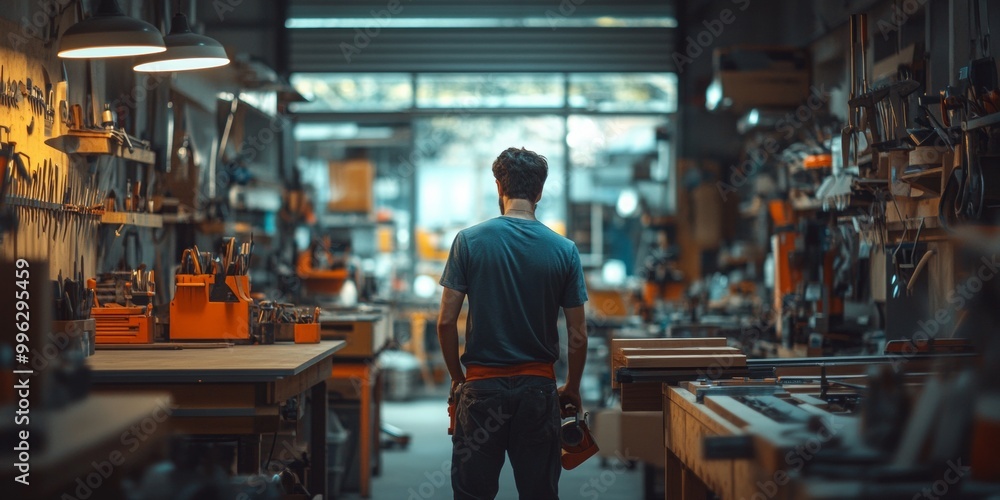 Aufkleber carpenter packing tools, workshop exit in soft focus, bright lights illuminating a tidy end-of-day a