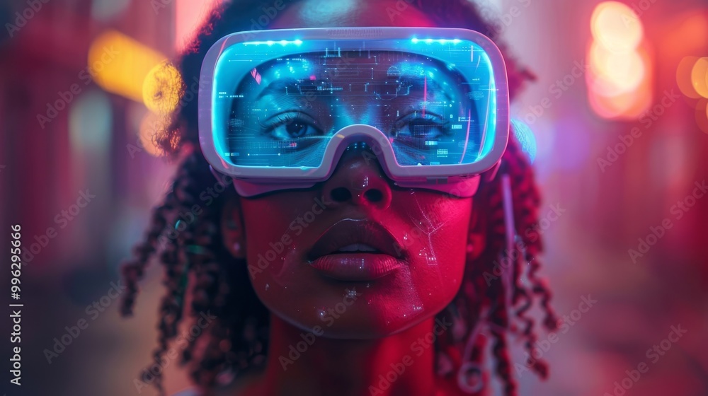 Poster design a dynamic composition showcasing vr goggles, with ai animations projecting lifelike scenarios