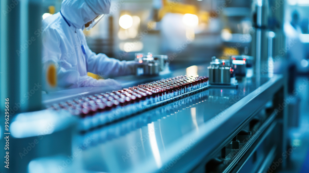 Poster worker in cleanroom is focused on quality assurance protocols while handling vials on production lin