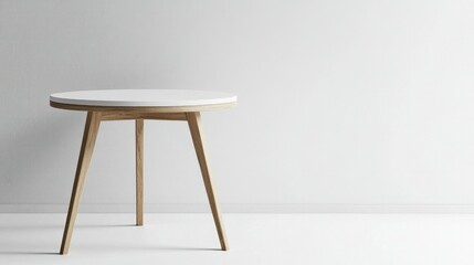 A modern, minimalist round table with wooden legs, set against a clean white background, showcasing Scandinavian design.