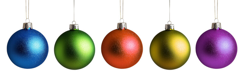 Colorful Christmas ornaments hanging against a transparent background, blue, green, red, yellow and purple tree balls, transparent image, Christmas baubles, png resource