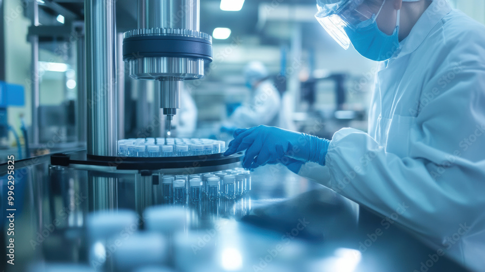 Poster laboratory technician working with vials in cleanroom environment, implementing quality assurance pr