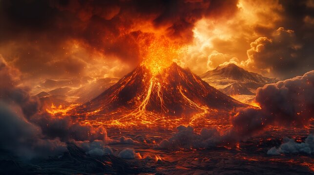 A volcano erupting with molten lava flowing down its sides and ash plumes rising into the sky with dark, cloudy sky with a red-orange glow