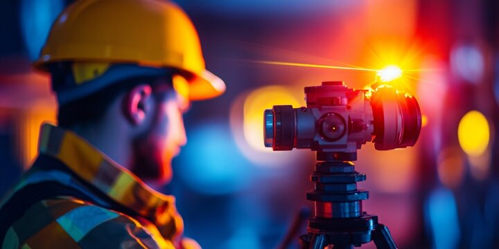 Carpenter aligning beams with laser level, illuminated workspace showcasing precision in construction tasks