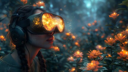 Create a captivating illustration showcasing the role of VR goggles, AI animations, and spinning holograms in environmental conservation and sustainability