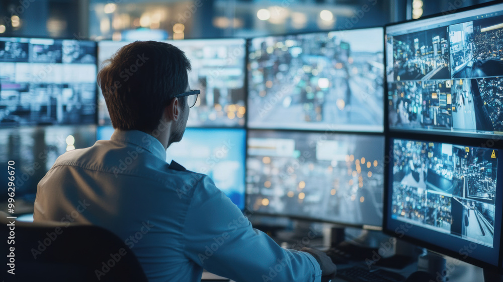 Poster focused individual monitors multiple screens displaying surveillance footage and data analytics, sho