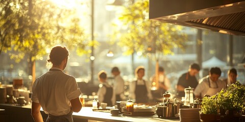Chef interacting with diners in a vibrant open kitchen, warm sunlight enhancing the lively atmosphere and connection with patrons