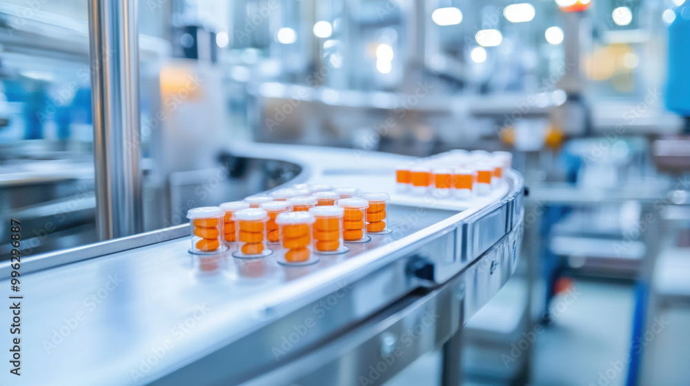 Poster automated conveyor system transporting pharmaceutical bottles in production facility, showcasing eff