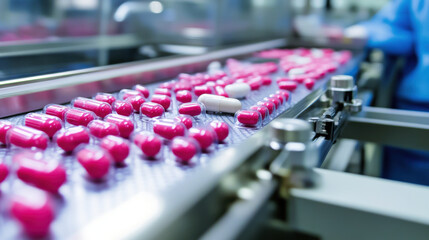 Obraz premium image showcases pharmaceutical production line with pink capsules moving along conveyor belt, emphasizing importance of Good Manufacturing Practices in industry