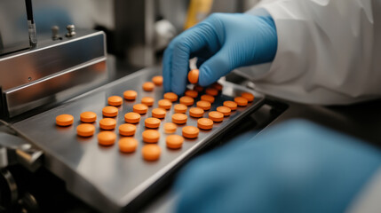 Technicians are carefully arranging orange pills on stainless steel tray in laboratory setting, showcasing precision and attention to detail in pharmaceutical testing