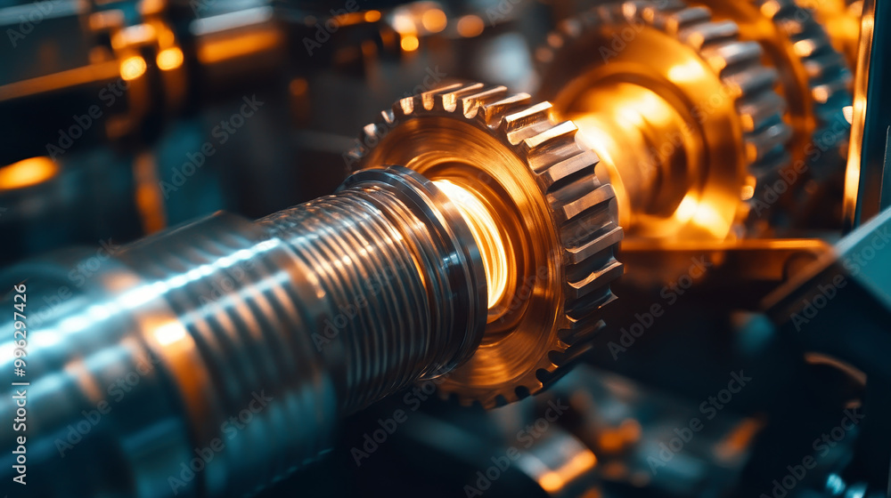 Poster high tech industrial machinery in action, showcasing intricate gears and mechanical components. glow