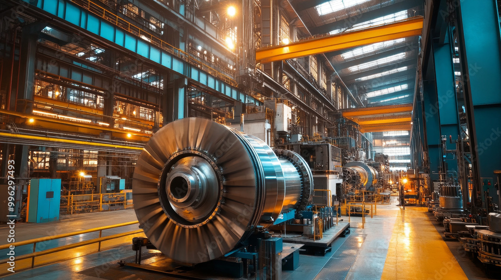 Poster large scale machinery in an industrial factory showcases advanced technology and engineering. bright