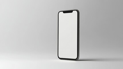A sleek mobile phone with a white screen, standing upright on a white background, perfect for showcasing digital apps or website designs.